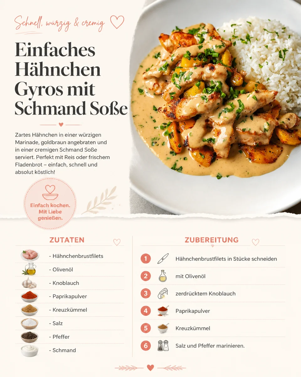 Einfaches Hähnchen Gyros mit Schmand Soße auf einem Teller serviert