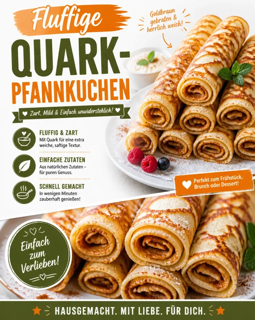 Fluffige Quark-Pfannkuchen auf einem Teller serviert mit frischen Früchten.