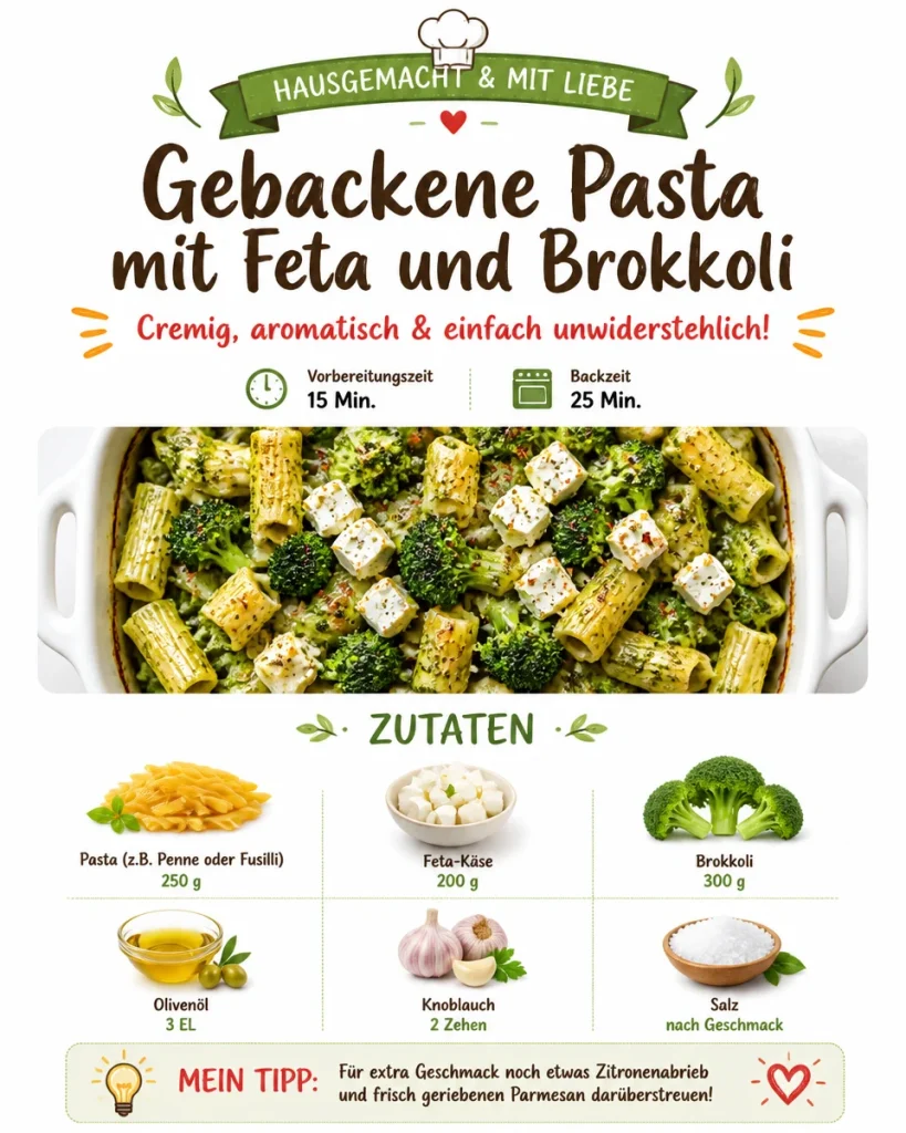 Gebackene Pasta mit Feta und Brokkoli auf einem Teller angerichtet.