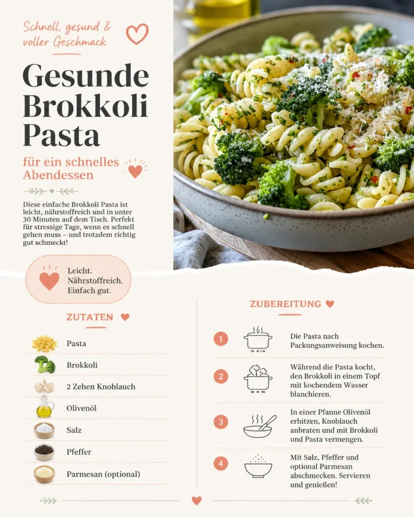 Gesunde Brokkoli Pasta für ein schnelles Abendessen mit frischen Zutaten.