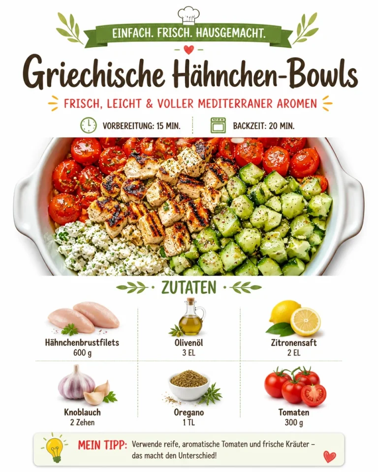 Griechische Hähnchen-Bowls mit frischen Zutaten und ansprechender Garnitur
