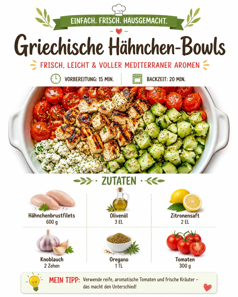Griechische Hähnchen-Bowls mit frischen Zutaten und ansprechender Garnitur