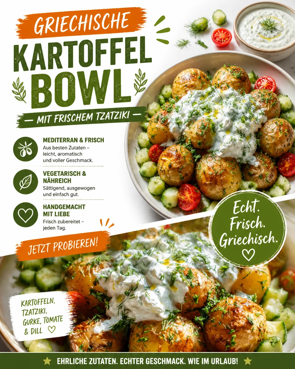 Griechische Kartoffel Bowl mit Tzatziki und frischen Zutaten