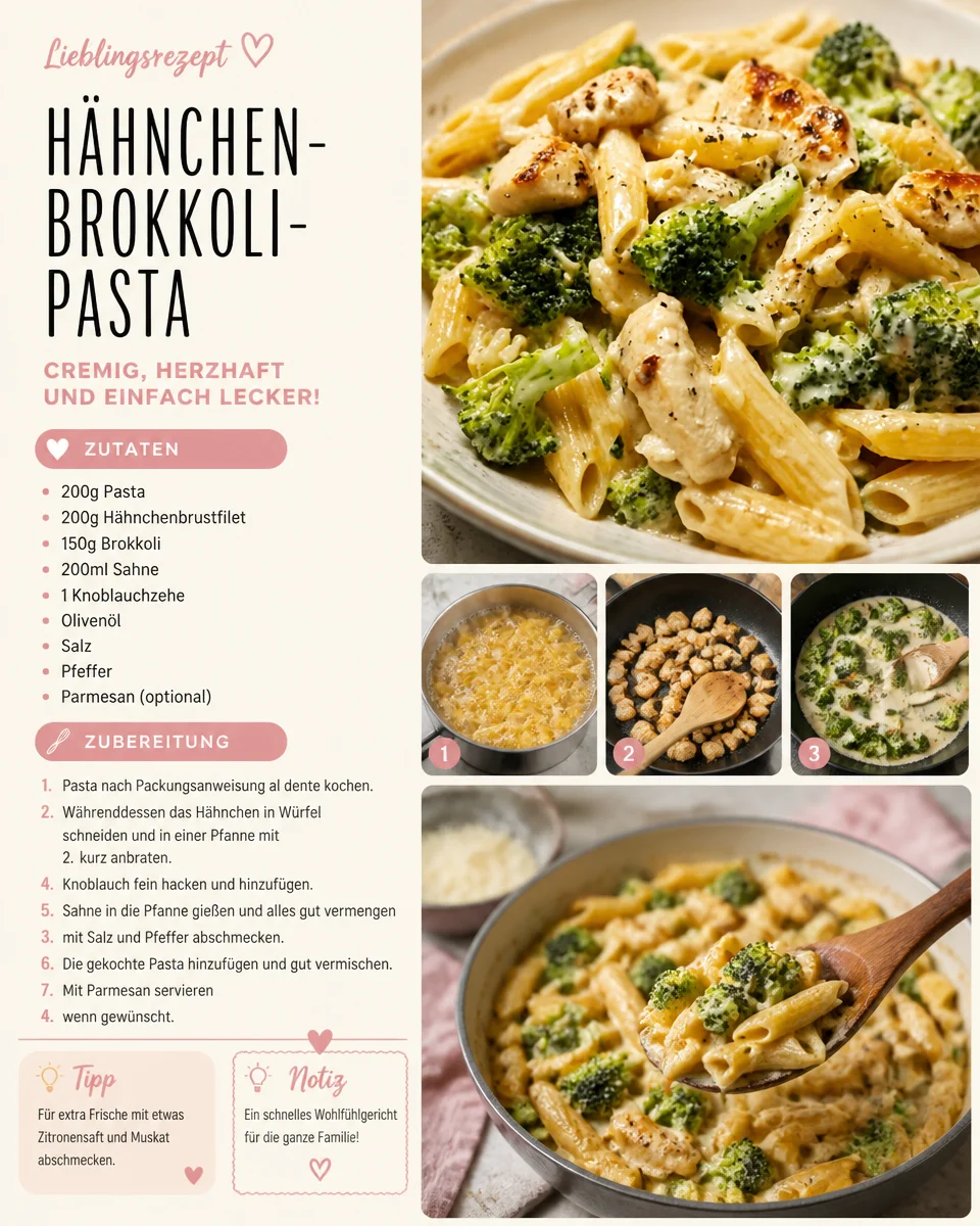 Hähnchen-Brokkoli-Pasta in einer Schüssel, garniert mit frischen Kräutern.