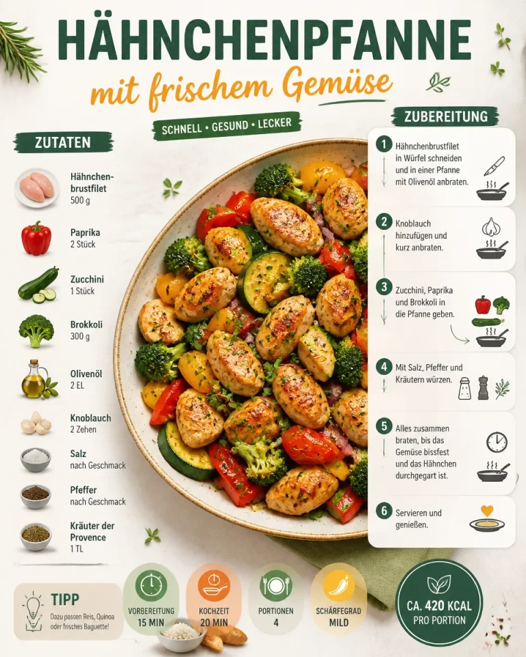 Hähnchenpfanne mit frischem Gemüse auf einem Teller serviert
