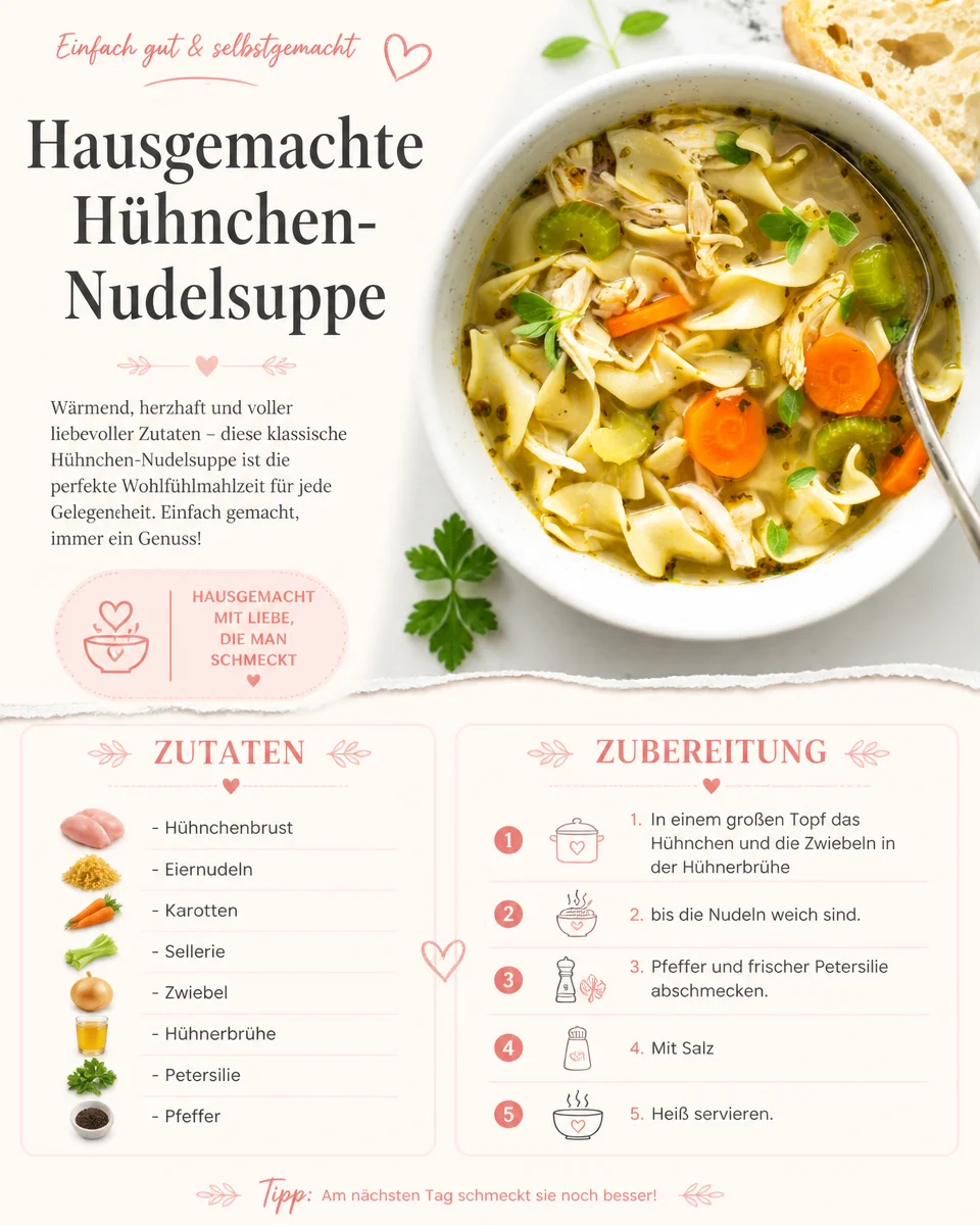 Hausgemachte Hühnchen-Nudelsuppe mit frischen Zutaten in einer Schüssel serviert.