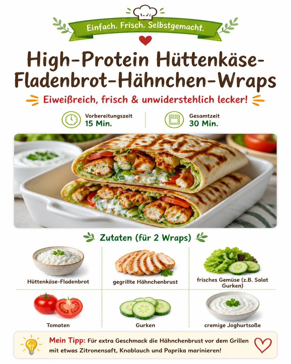 Hüttenkäse-Wraps mit Hähnchen und Fladenbrot - gesunde proteinreiche Mahlzeit