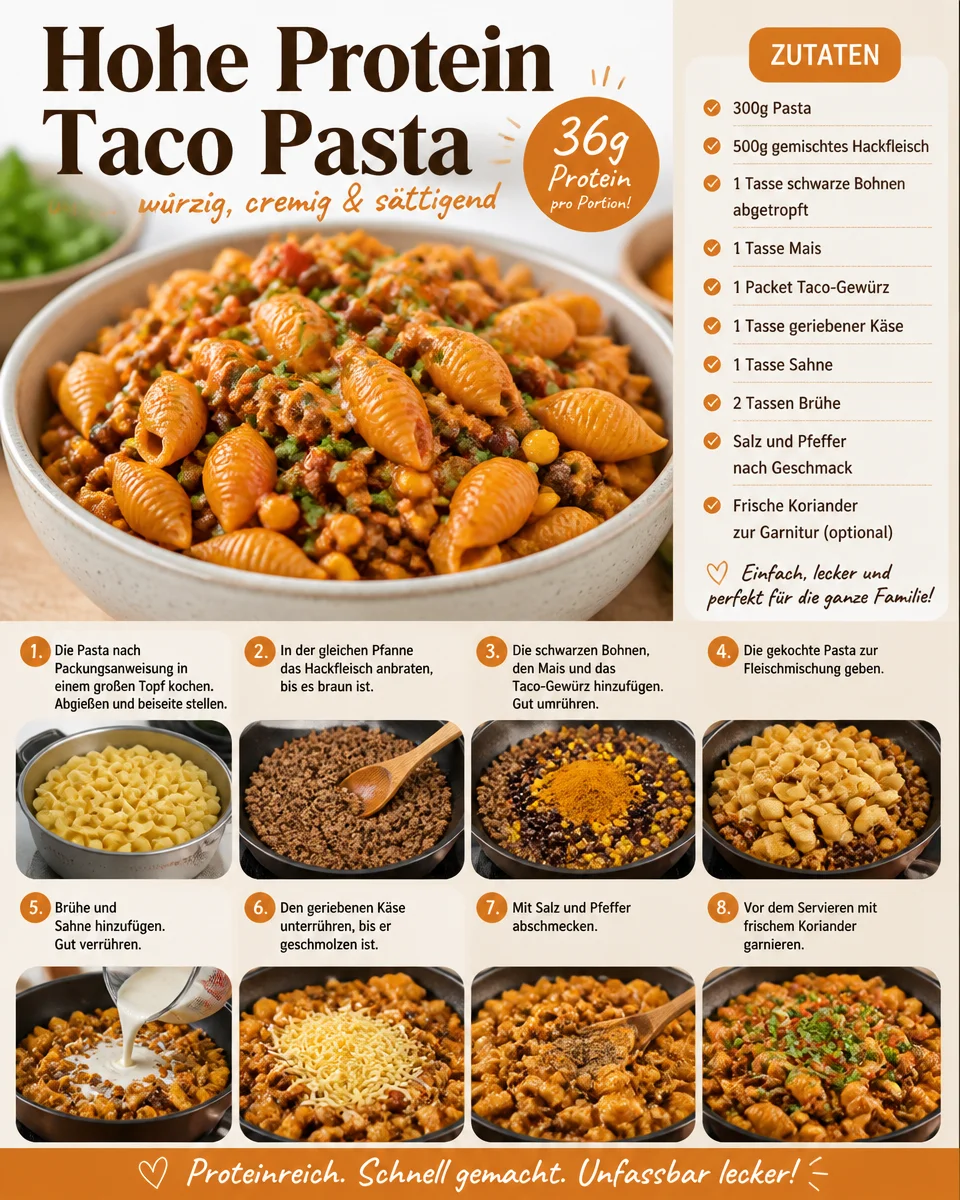 Protein Taco Pasta Gericht mit frischen Zutaten und Toppings