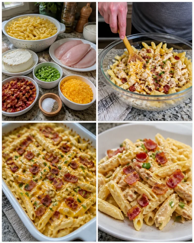 Eine Teller knusprige Hähnchen-Pasta mit frischen Kräutern und Parmesan