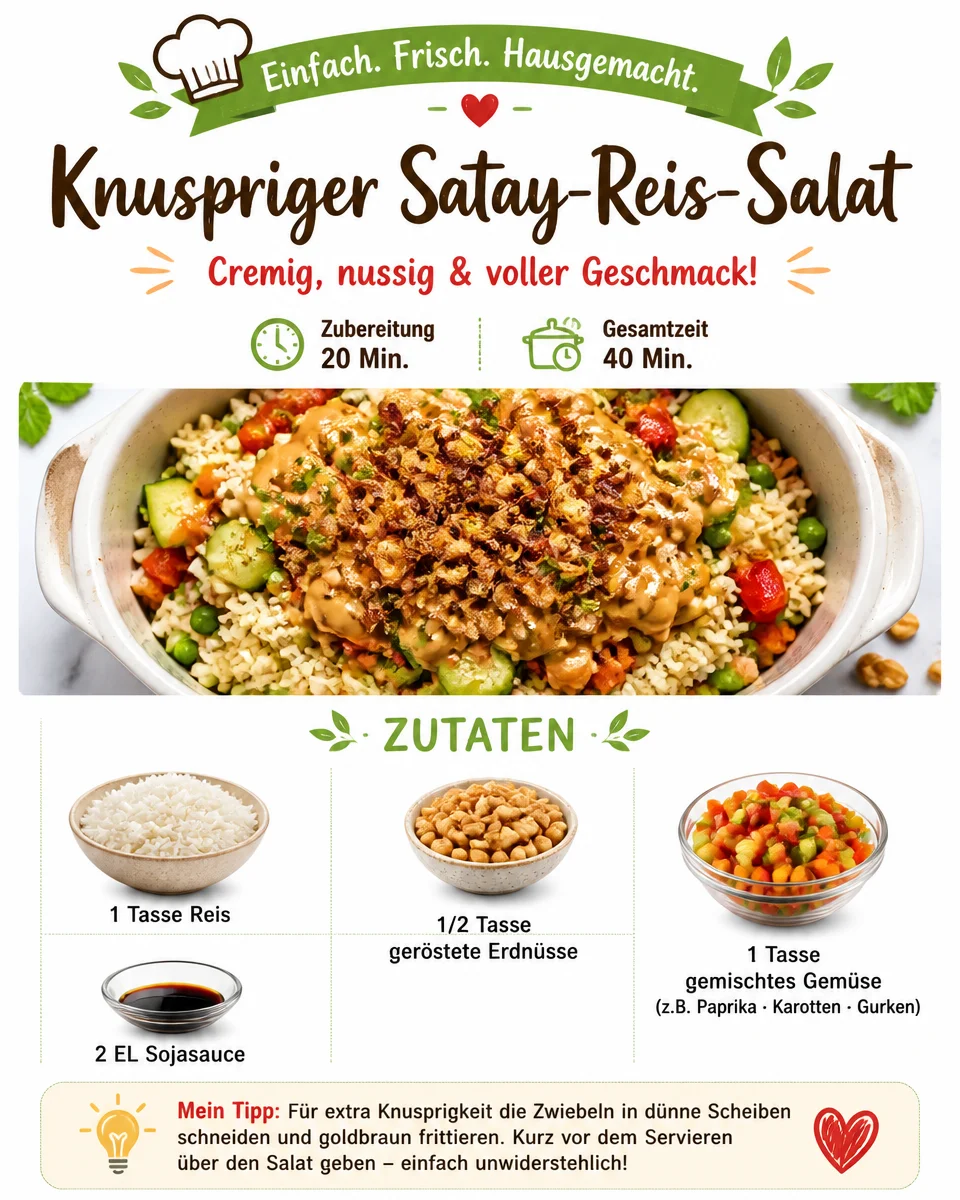 Knuspriger Satay-Reis-Salat mit frischem Gemüse und Erdnusssoße.