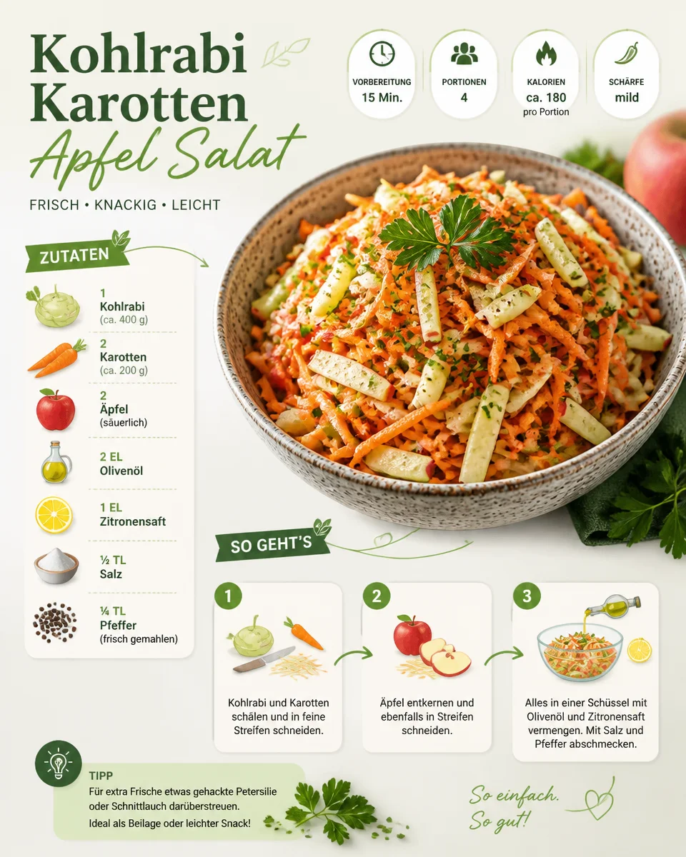Kohlrabi Karotten Apfel Salat mit frischen Zutaten und buntem Gemüse