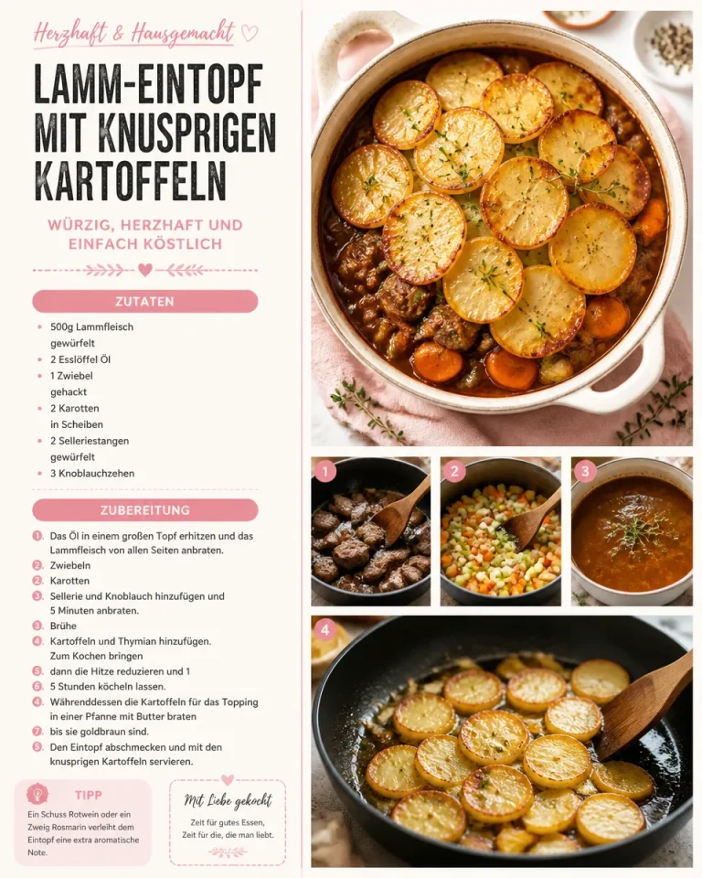 Lamm-Eintopf mit knusprigen Kartoffeln auf einem Teller serviert