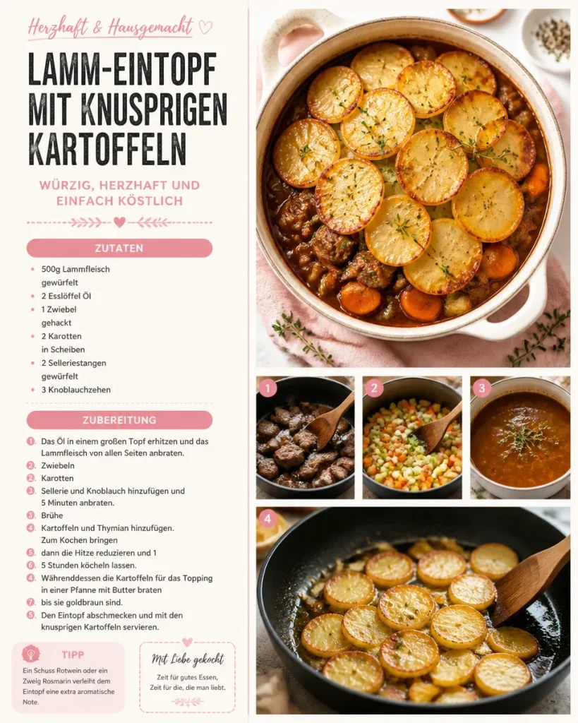 Lamm-Eintopf mit knusprigen Kartoffeln auf einem Teller serviert