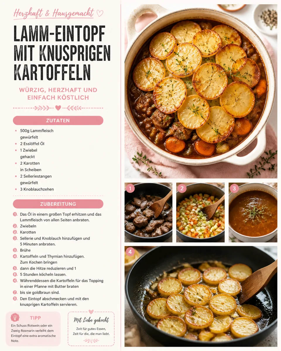 Lamm-Eintopf mit knusprigen Kartoffeln auf einem Teller serviert