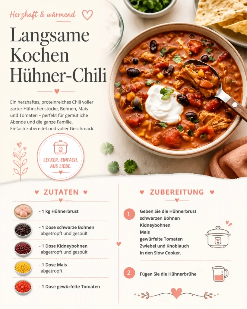 Langsame Koch-Hühnchen-Chili in einem bunten Teller serviert