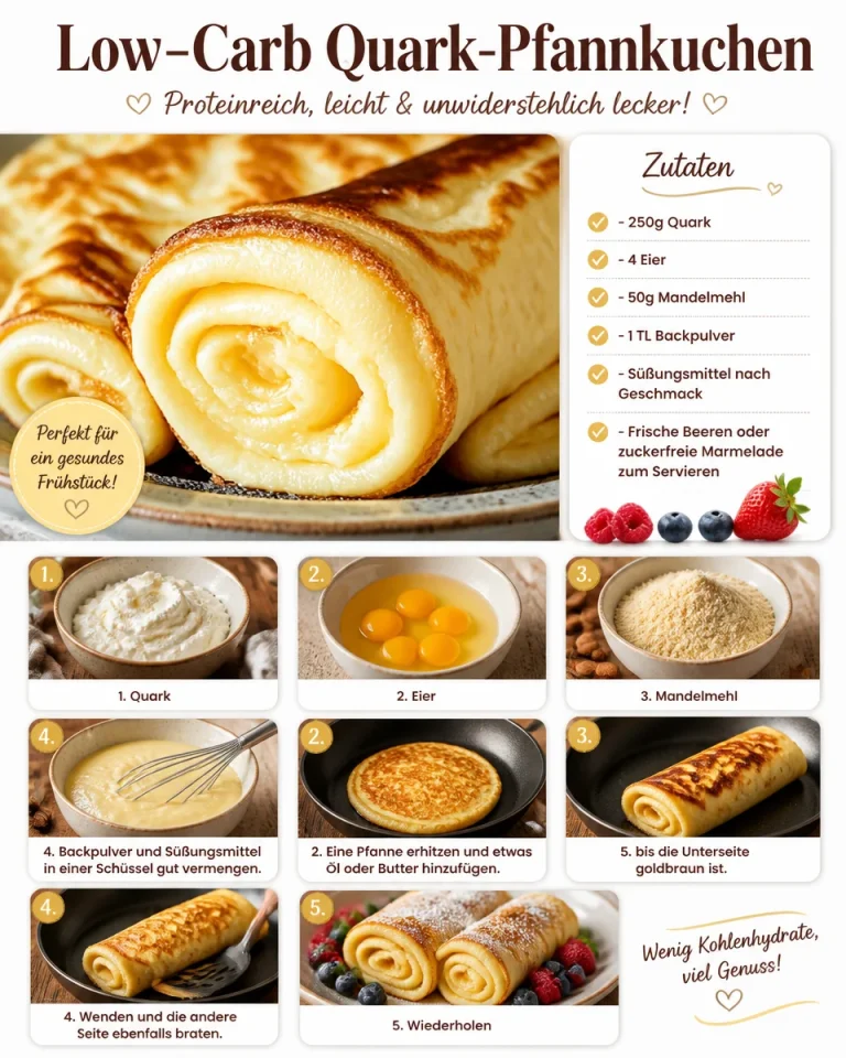 Low-Carb Quark-Pfannkuchen auf einem Teller serviert