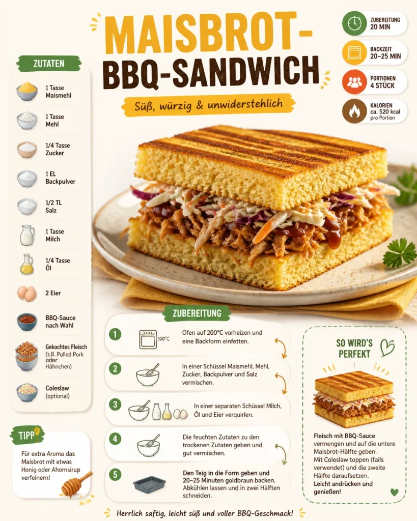 Leckeres Maisbrot-BBQ-Sandwich mit Grillfleisch und frischen Zutaten auf einem Teller.