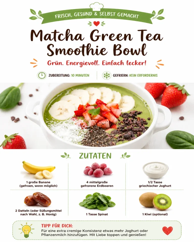 Ein köstlicher Matcha-Grüner-Tee-Smoothie-Schüssel mit frischen Zutaten