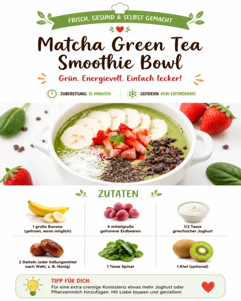 Ein köstlicher Matcha-Grüner-Tee-Smoothie-Schüssel mit frischen Zutaten