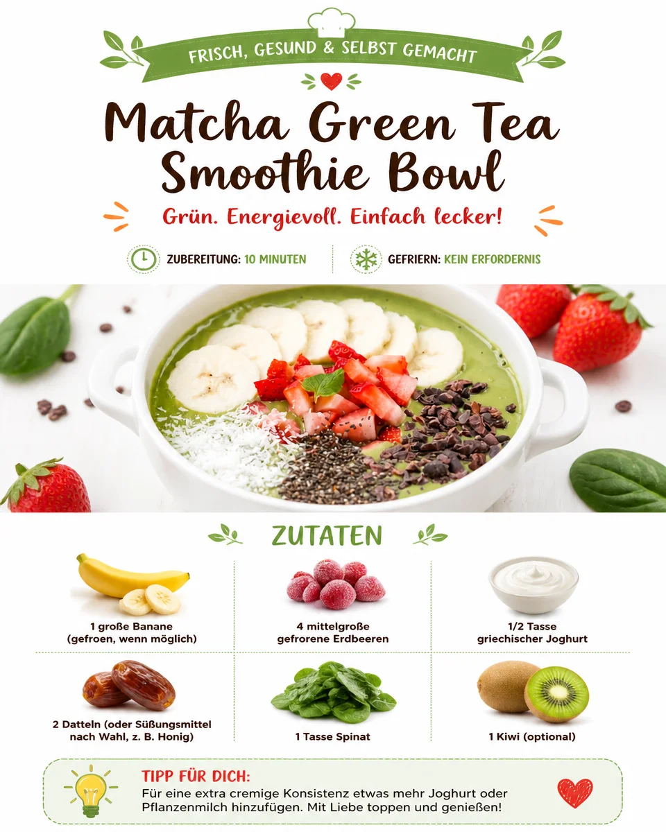 Ein köstlicher Matcha-Grüner-Tee-Smoothie-Schüssel mit frischen Zutaten