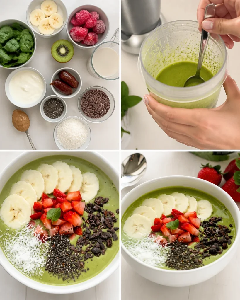 Gesunde Matcha-Smoothie-Bowl mit frischen Früchten und grünen Zutaten