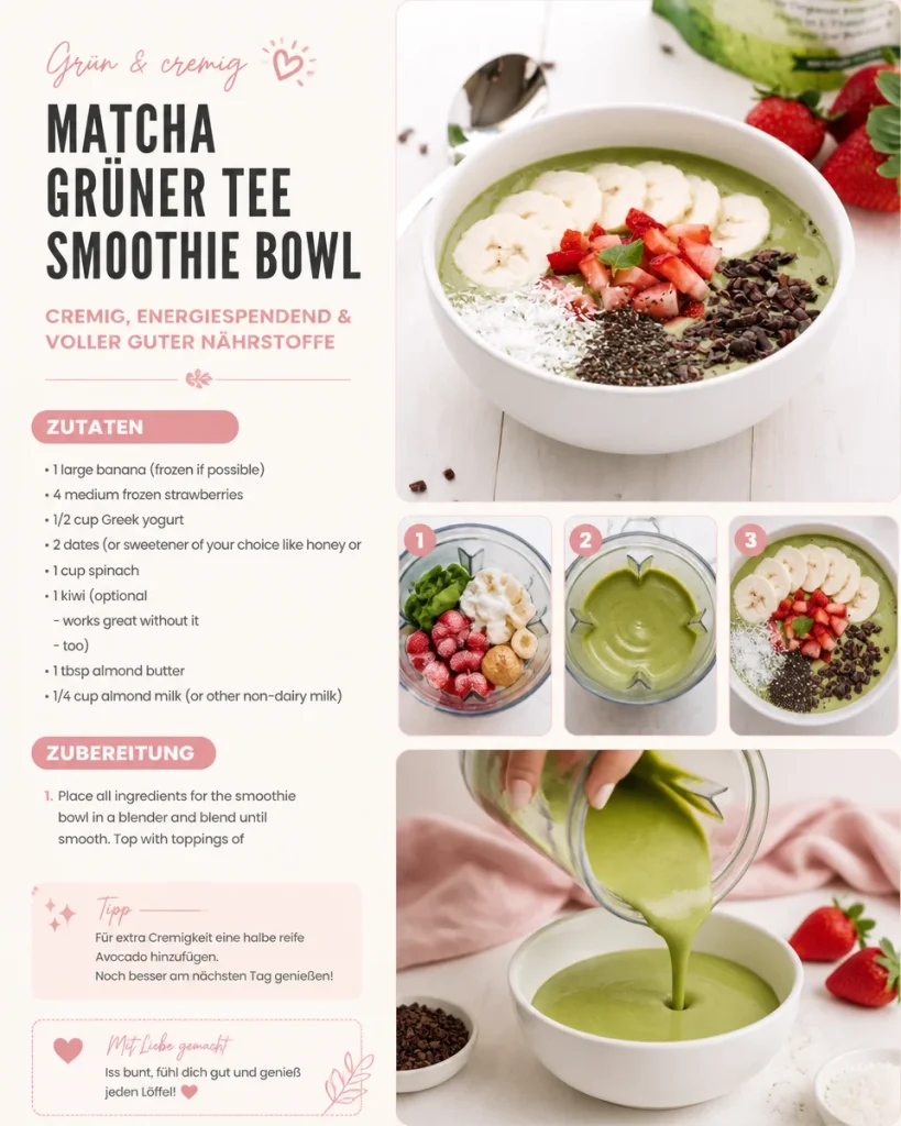 Leckere Matcha-Grüntee-Smoothie-Schüssel mit frischen Zutaten
