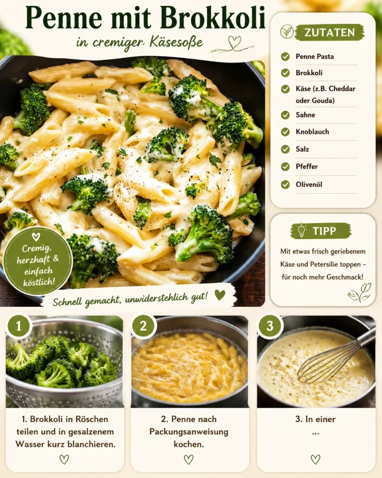 Penne mit Brokkoli in cremiger Käsesauce serviert auf einem Teller.