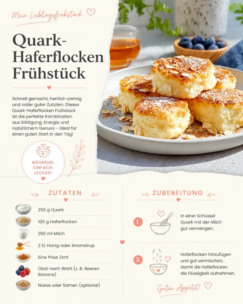 Gesundes Quark-Haferflocken Frühstück mit frischen Früchten und Nüssen.