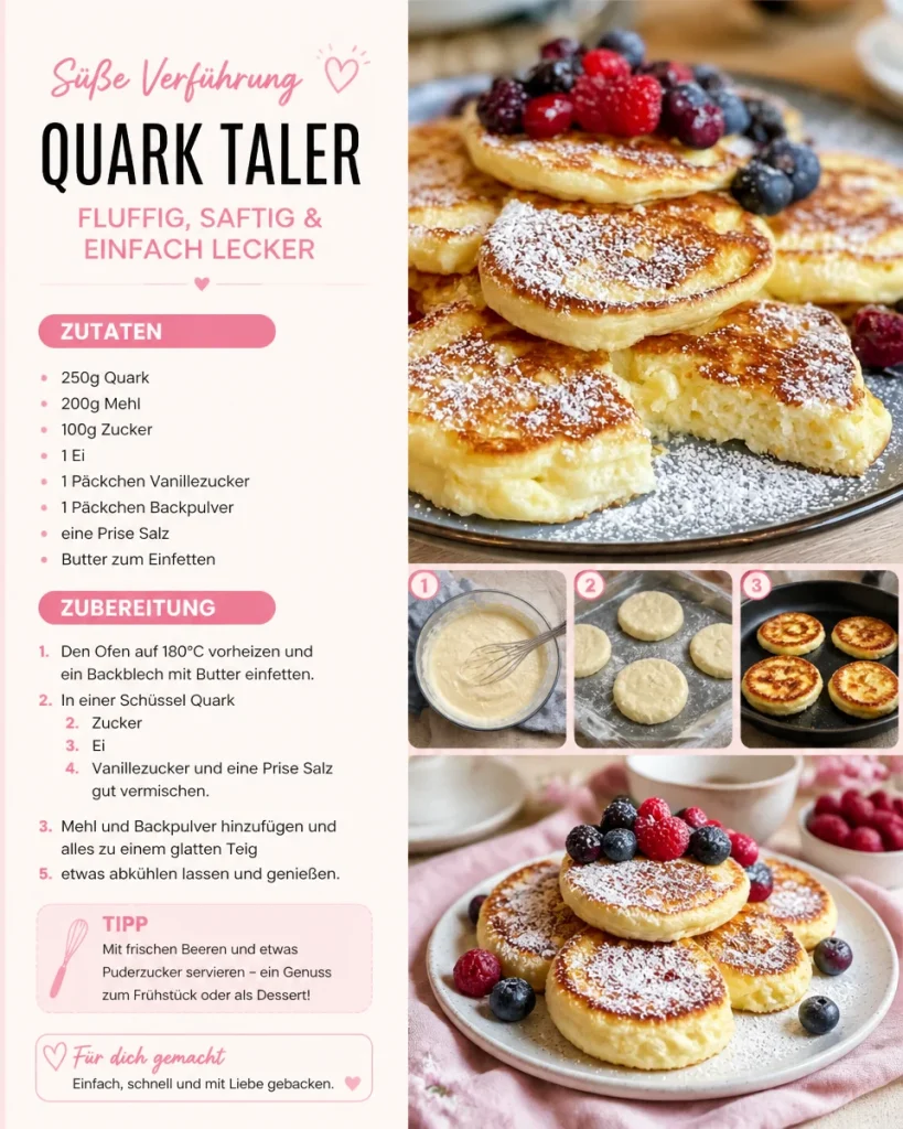 Quark Taler frisch gebacken auf einem Teller serviert