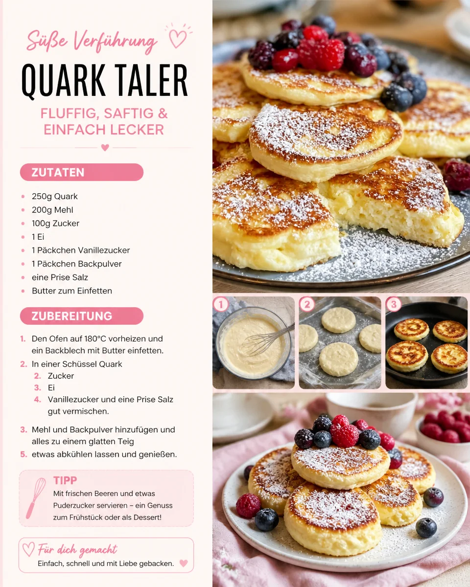Quark Taler frisch gebacken auf einem Teller serviert