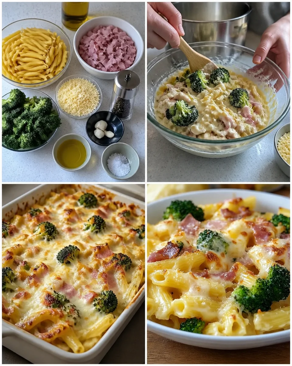 Schinken-Brokkoli-Pasta auf einem Teller, köstlich angerichtet
