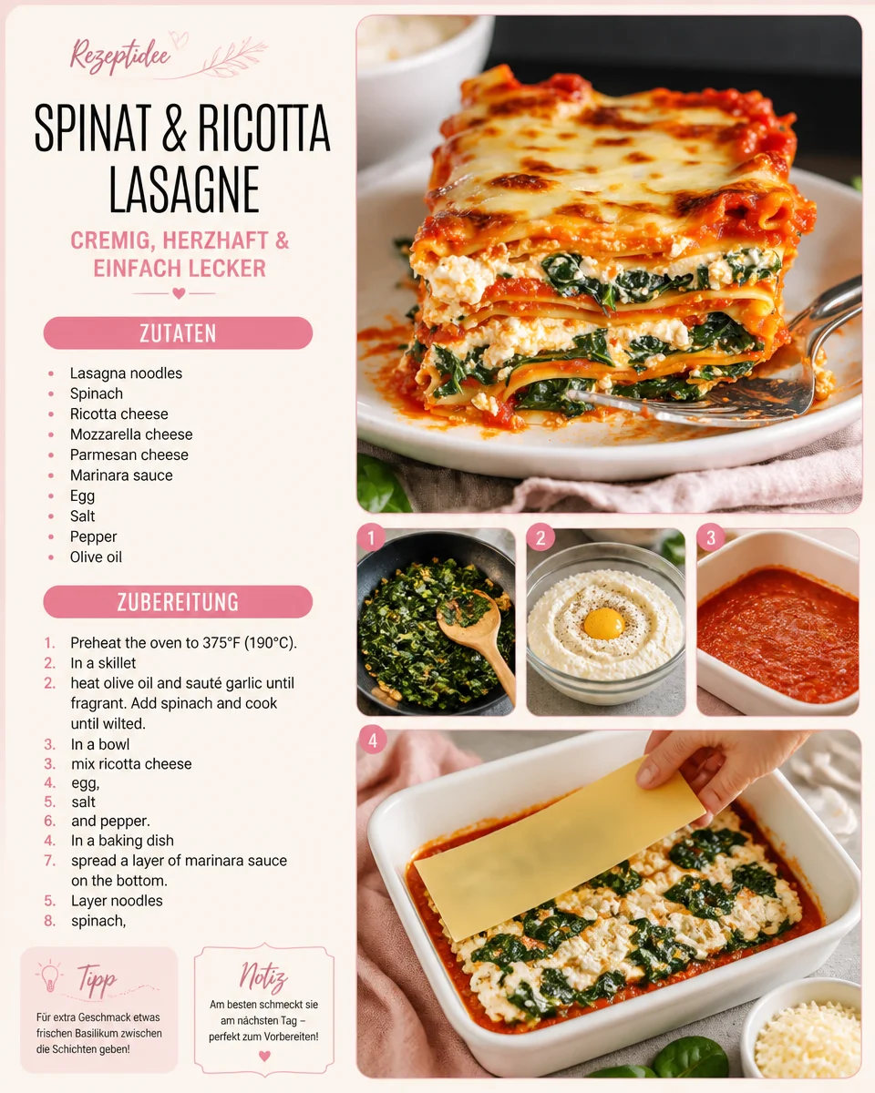 Leckere Spinat-Ricotta-Lasagne mit geschmolzenem Käse und frischen Zutaten.