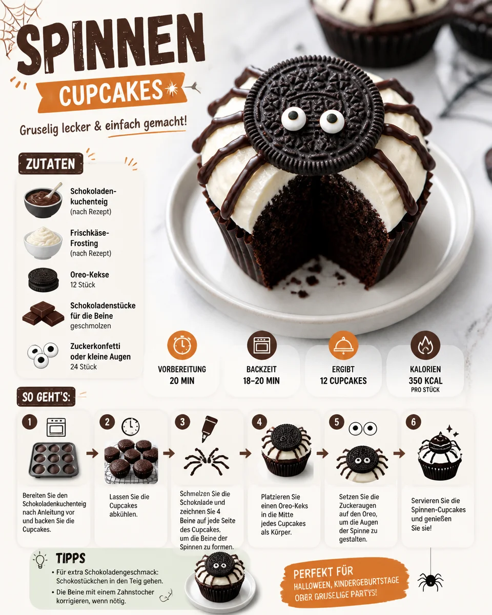 Spinnen Cupcakes für Halloween, dekoriert mit Schokolade und süßen Spinnen