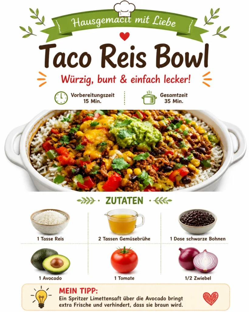 Leckere Taco-Reis-Schüssel mit frischen Zutaten und Gewürzen