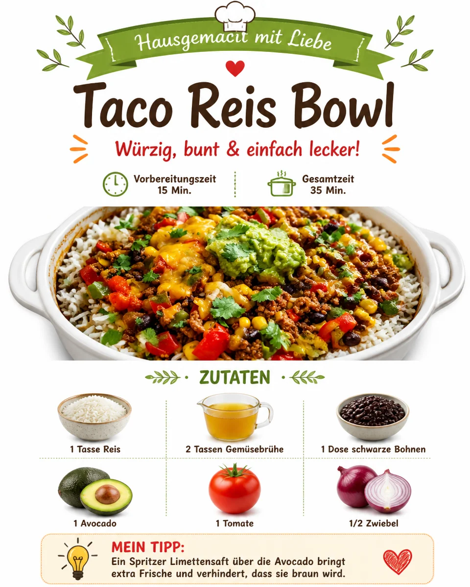 Leckere Taco-Reis-Schüssel mit frischen Zutaten und Gewürzen