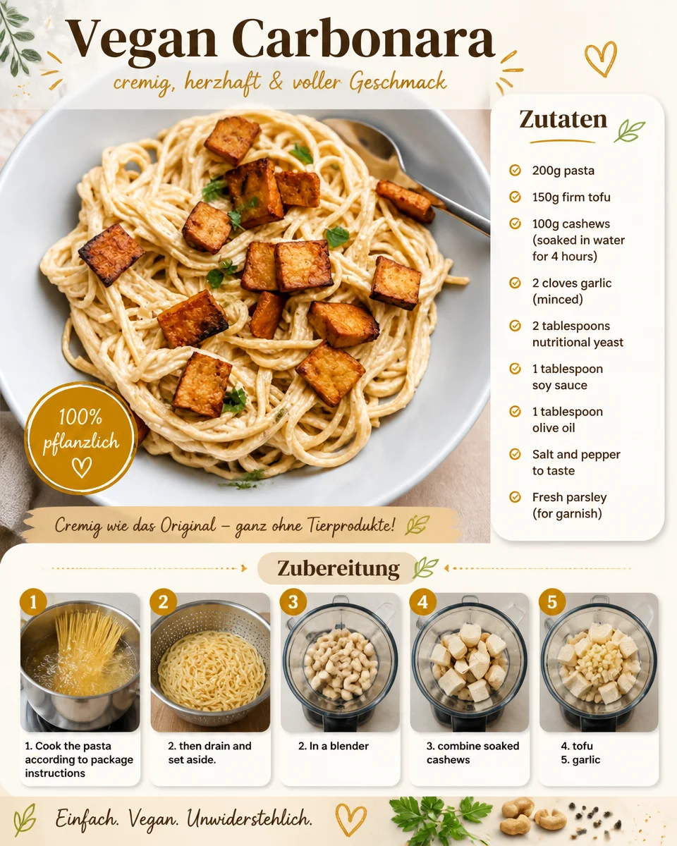 Vegane Carbonara mit pflanzlicher Sauce und Pasta auf einem Teller serviert.