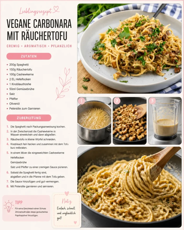 Vegane Carbonara mit Räuchertofu und leckerer Cremesauce auf einem Teller