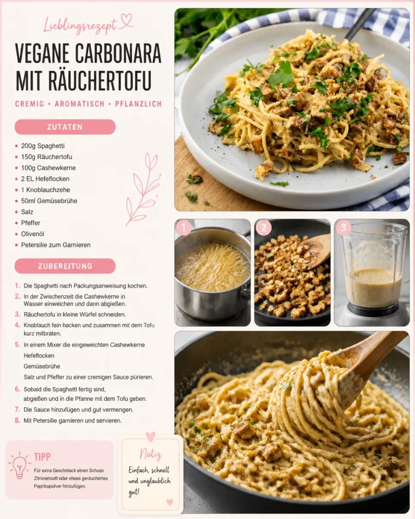 Vegane Carbonara mit Räuchertofu und leckerer Cremesauce auf einem Teller