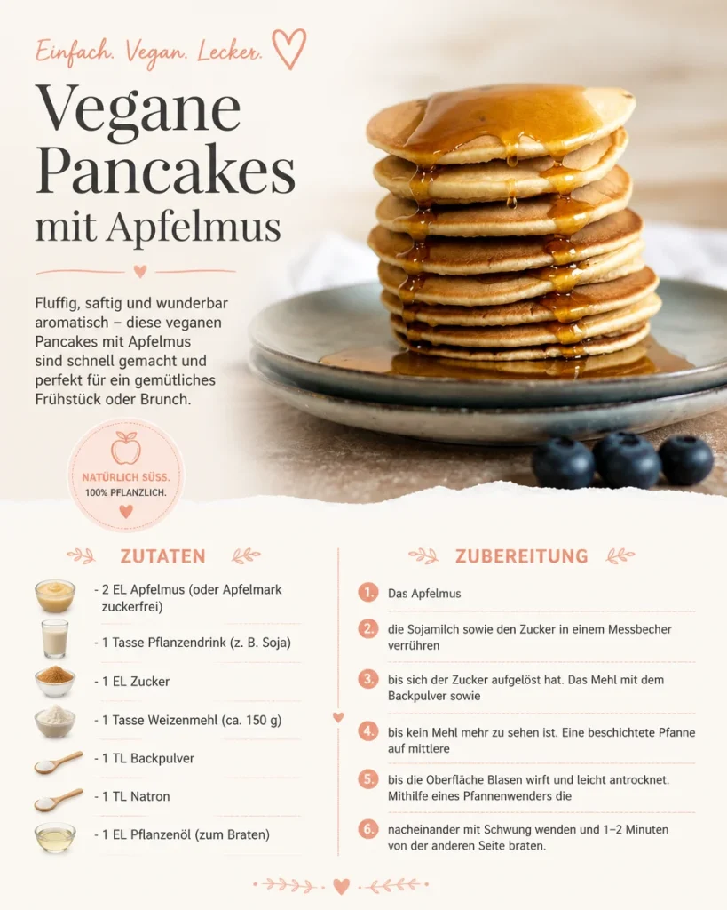 Vegane Pancakes mit Apfelmus auf einem Teller serviert.
