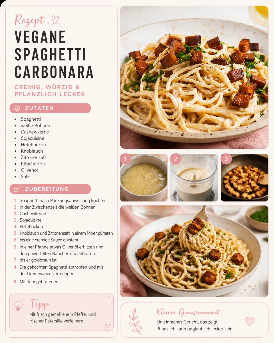 Vegane Spaghetti Carbonara auf einem Teller, garniert mit Kräutern