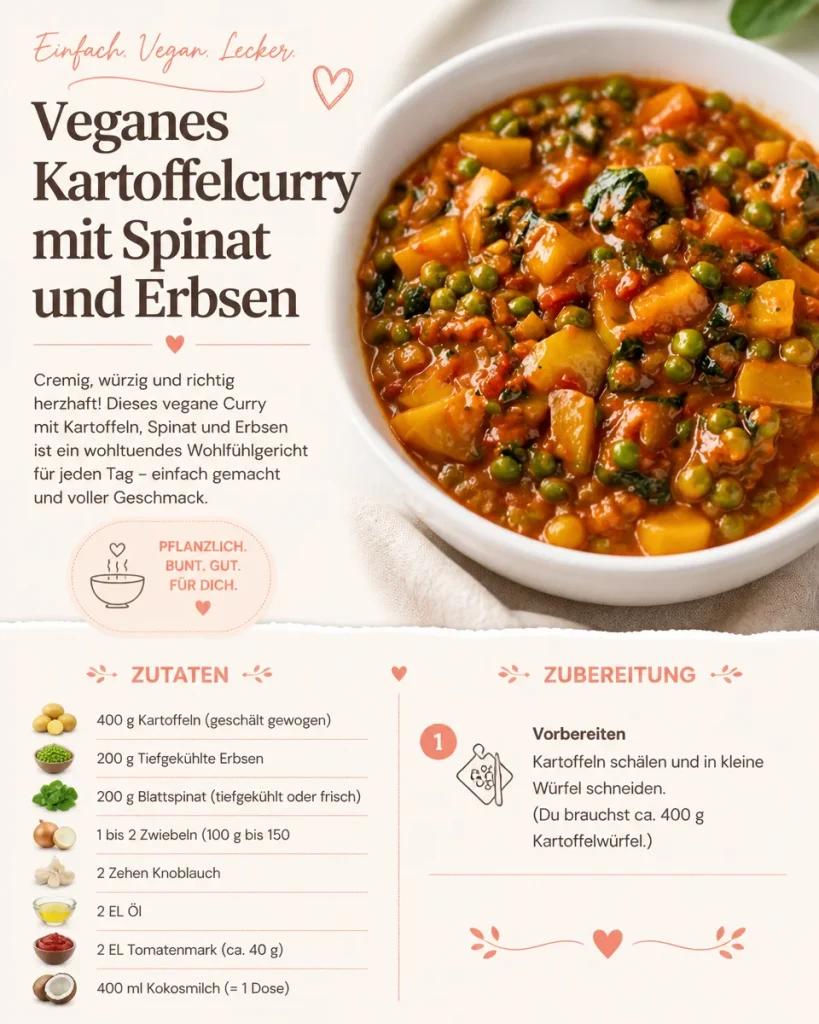 Veganes Kartoffelcurry mit Spinat und Erbsen auf einem Teller serviert.