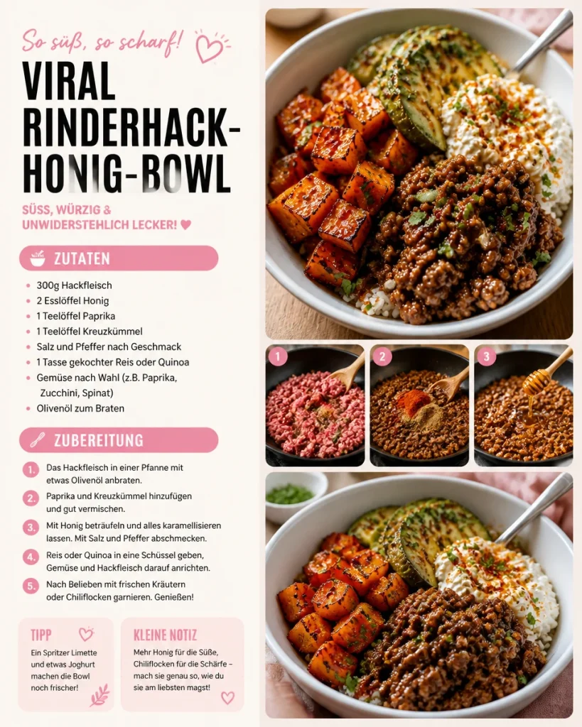Viral Rinderhackfleisch-Honigschüssel mit frischen Zutaten und aromatischen Gewürzen