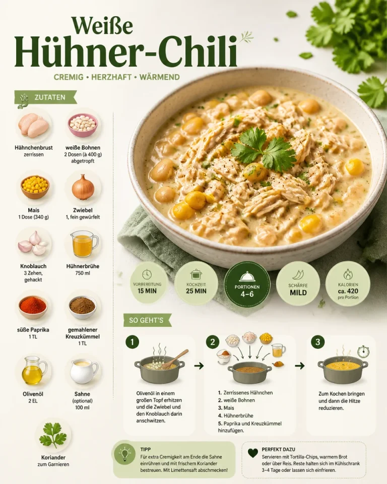 Schüssel mit weißem Hühner-Chili, serviert mit frischen Kräutern.