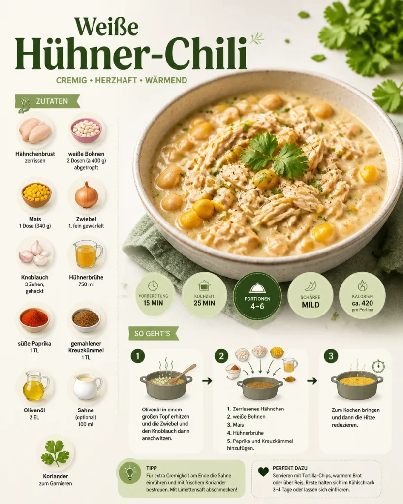 Schüssel mit weißem Hühner-Chili, serviert mit frischen Kräutern.