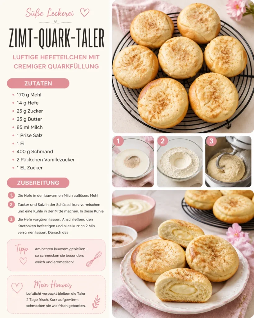 Zimt-Quark-Taler auf einem Teller, verziert mit Zimt und Zucker