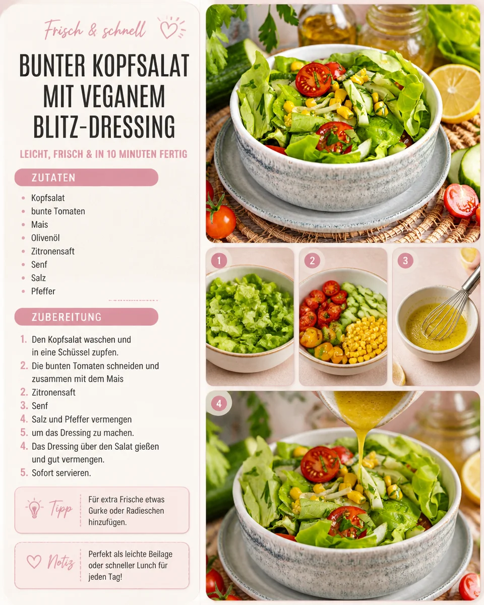 Bunter Kopfsalat mit veganem Blitz-Dressing auf einem Teller angerichtet.