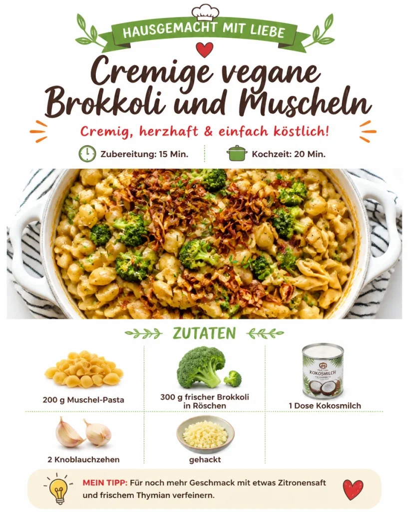 Cremige vegane Brokkoli und Muscheln serviert auf einem Teller