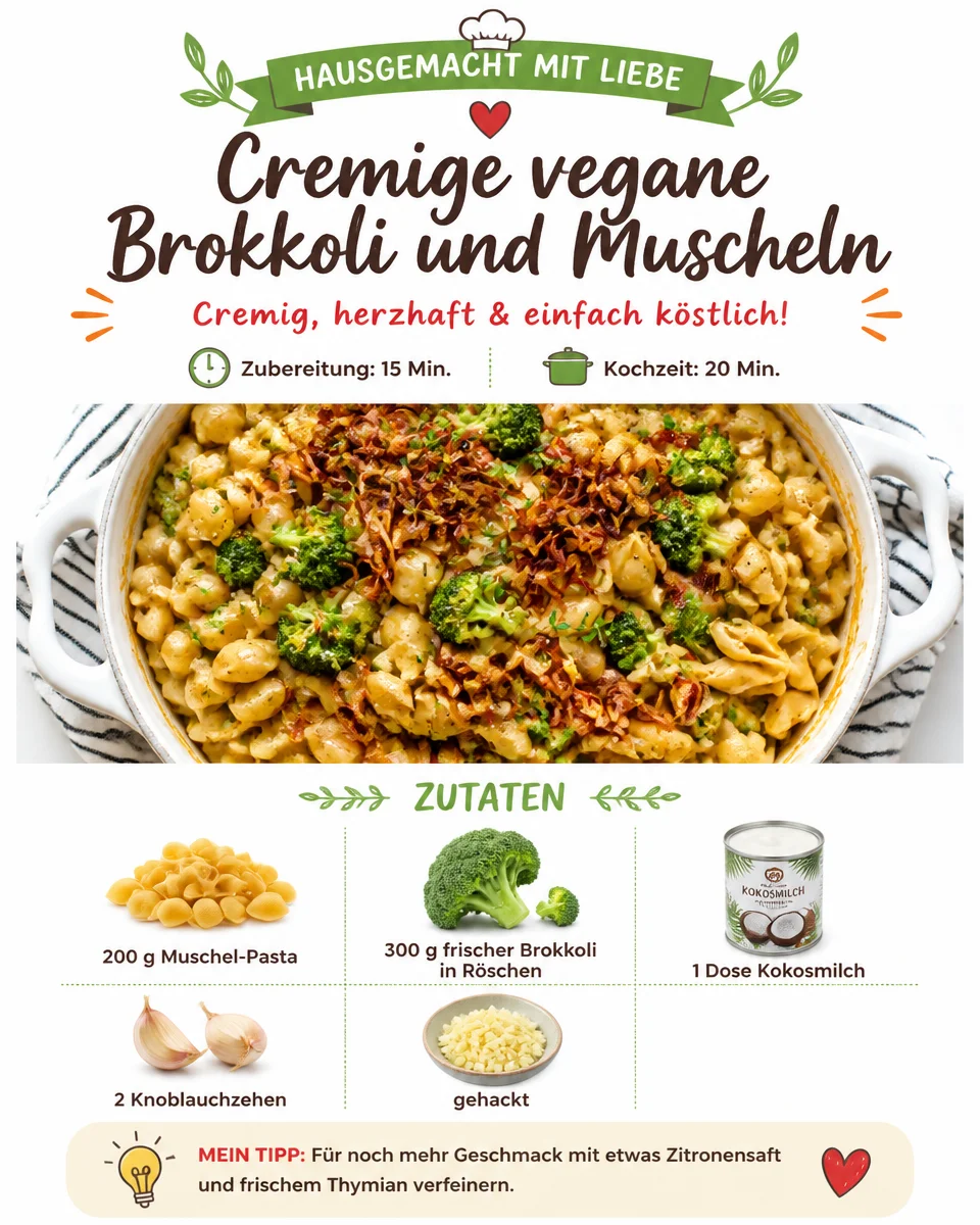 Cremige vegane Brokkoli und Muscheln serviert auf einem Teller