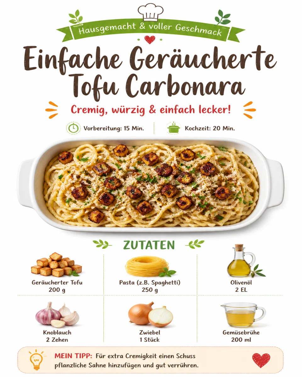 Einfache Geräucherte Tofu Carbonara auf einem Teller serviert.