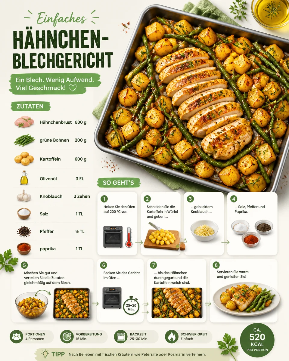 Einfaches Hähnchen-Blechgericht mit Gemüse und Gewürzen im Ofen zubereitet